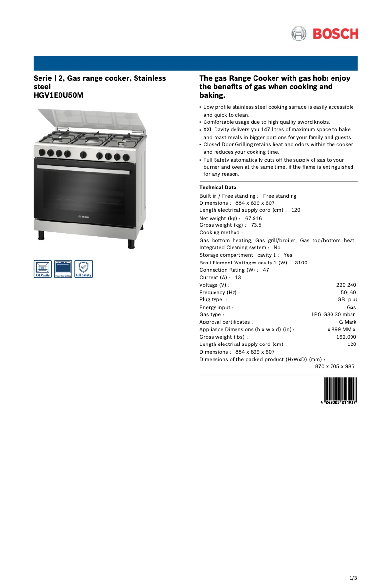 Page 1 de la notice Fiche technique Bosch HGV1E0U50M