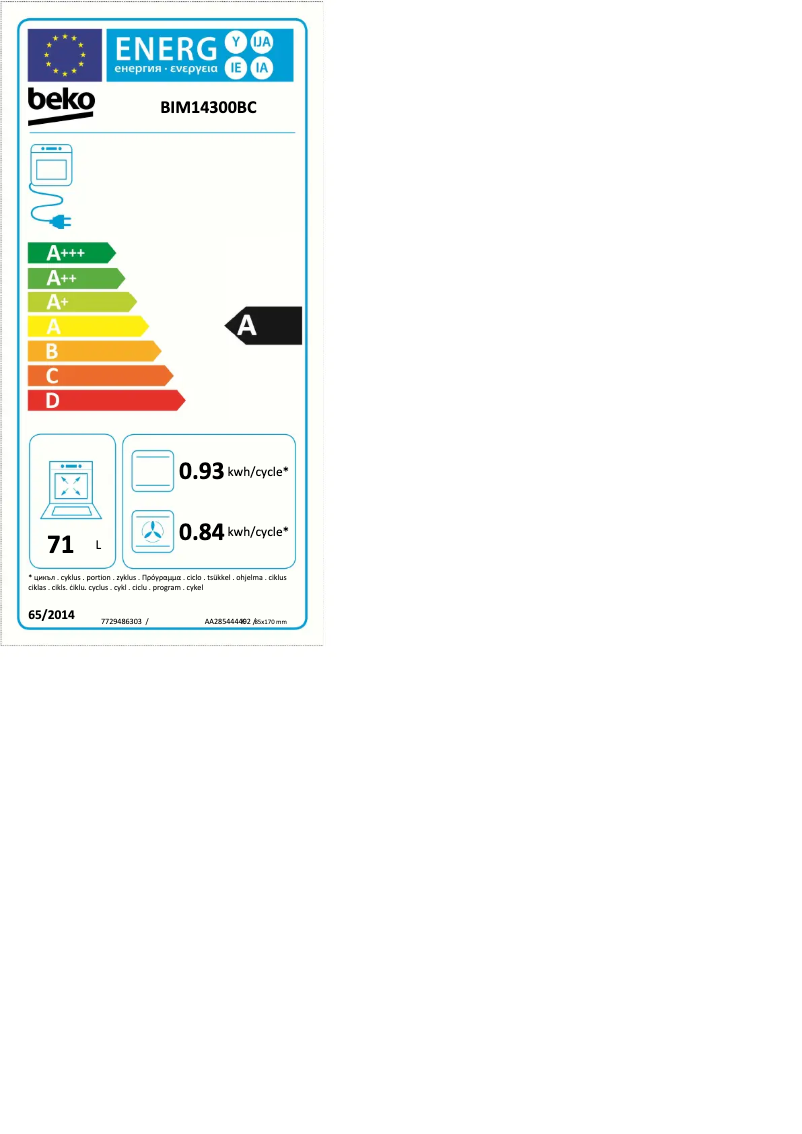 Page 1 de la notice Label énergétique Beko BIM14300