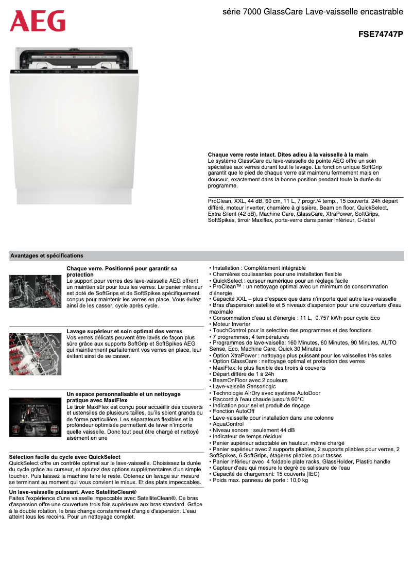 Page 1 de la notice Fiche technique AEG FSE74747P