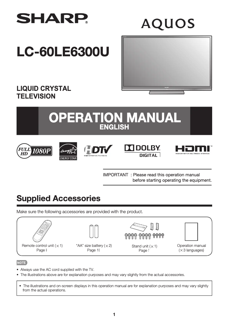 Image de la première page du manuel de l'appareil AQUOS LC-60LE630U