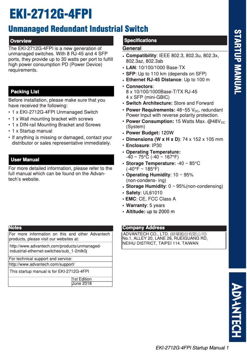 Page 1 de la notice Manuel utilisateur Advantech EKI-2712G-4FPI-AE