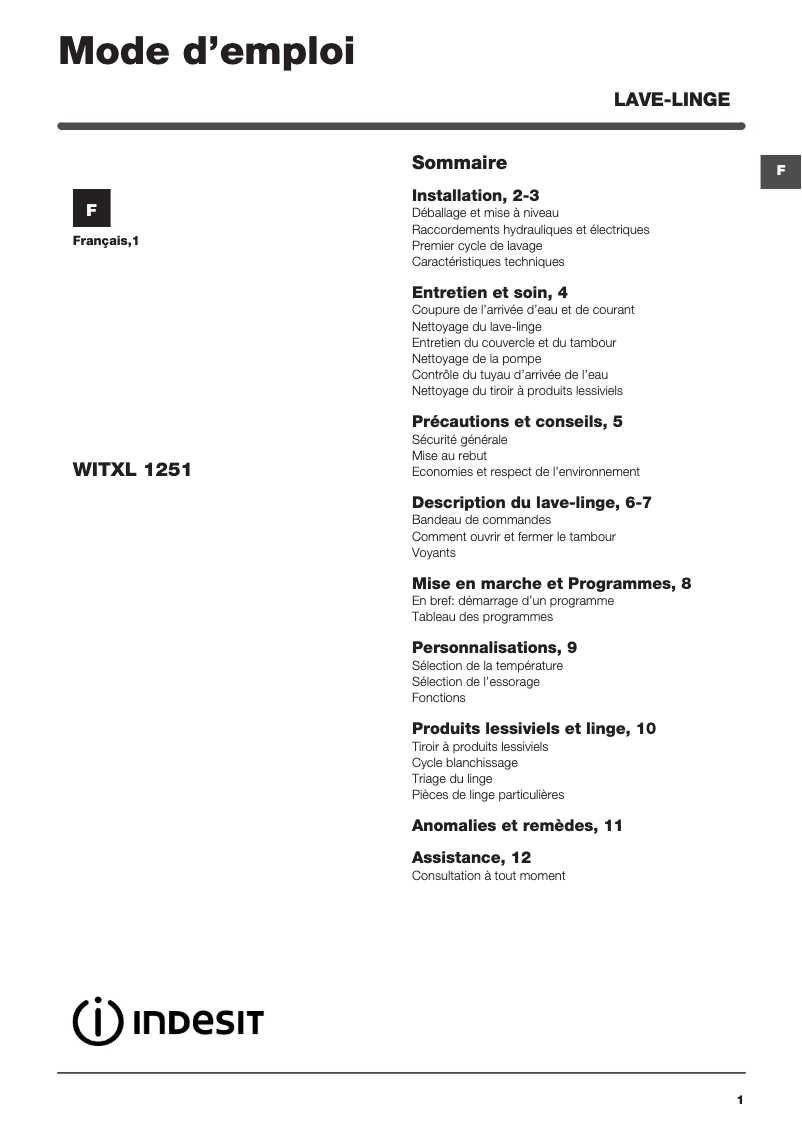 Imagen de la primera página del manual del dispositivo WITXL 1251 (FR)