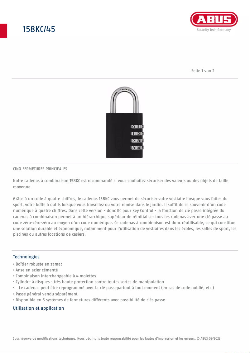 Page n°1 - Fiche technique Abus 158KC