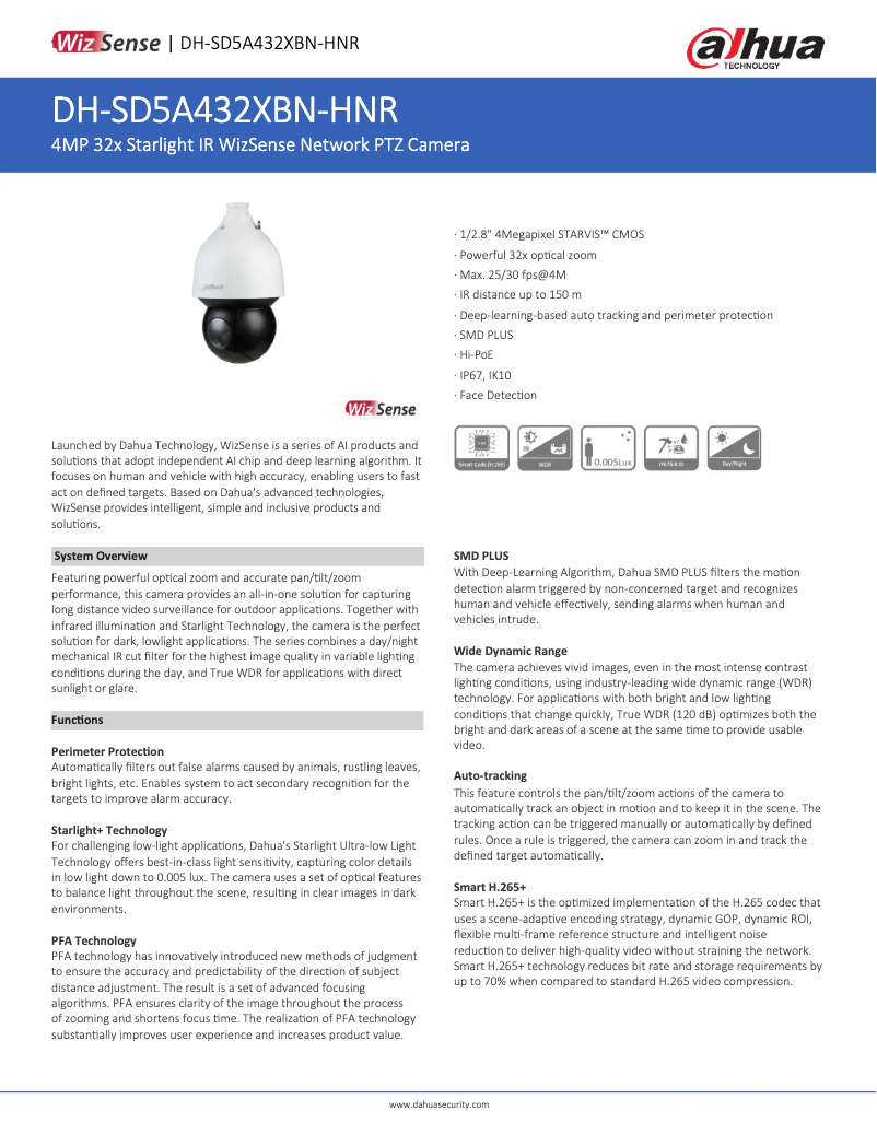 Page 1 de la notice Fiche technique Dahua Technology SD5A432XBN-HNR