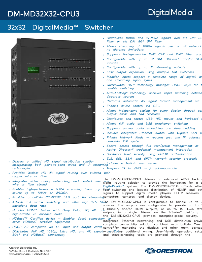 Page 1 de la notice Fiche technique Crestron DM-MD32X32-CPU3