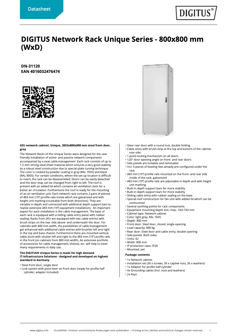 Page 1 de la notice Fiche technique Digitus DN-31120