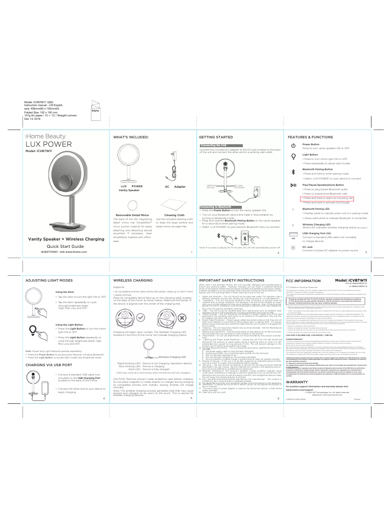Page n°1 - Manuel utilisateur iHome Lux Power iCVBTW11