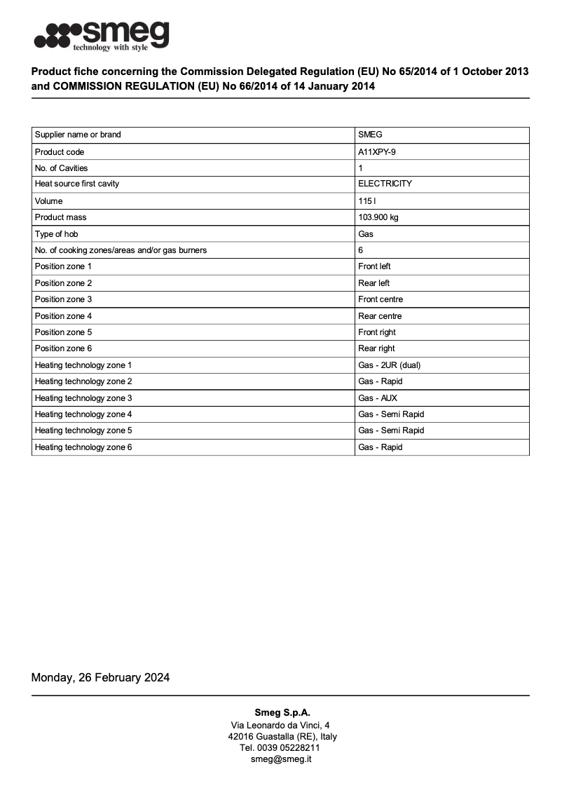 Page 1 de la notice Fiche technique Smeg A11XPY-9