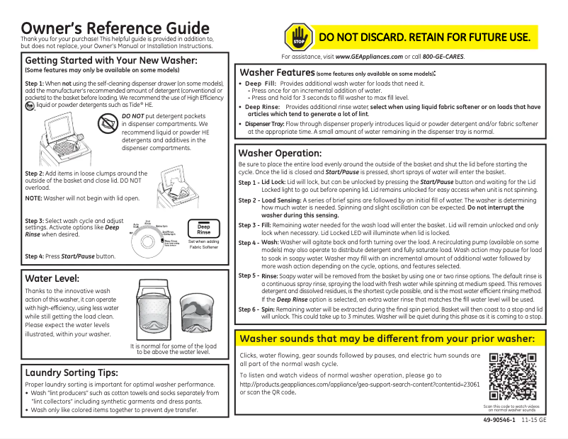 Page 1 de la notice Manuel utilisateur GE GTW490ACJWS
