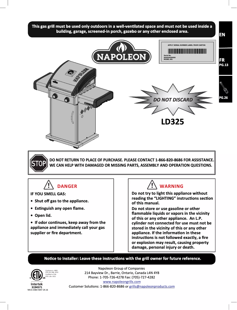 Page 1 de la notice Manuel utilisateur Napoleon Legend 325