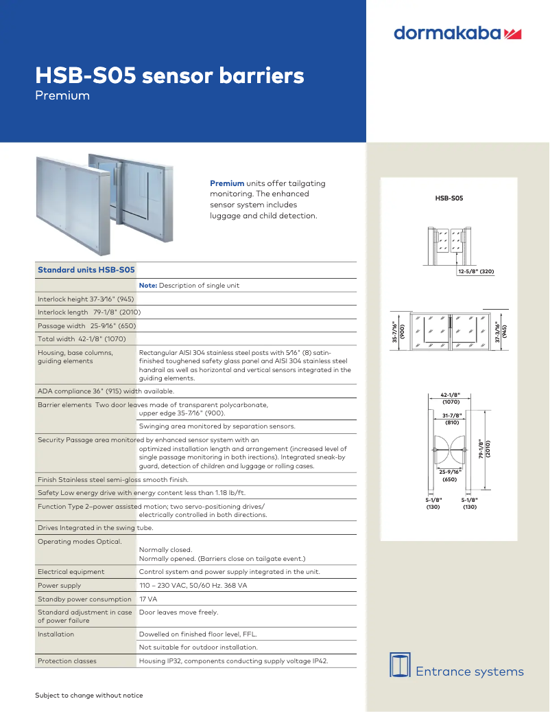 Page 1 de la notice Manuel utilisateur Dormakaba HSB-S05