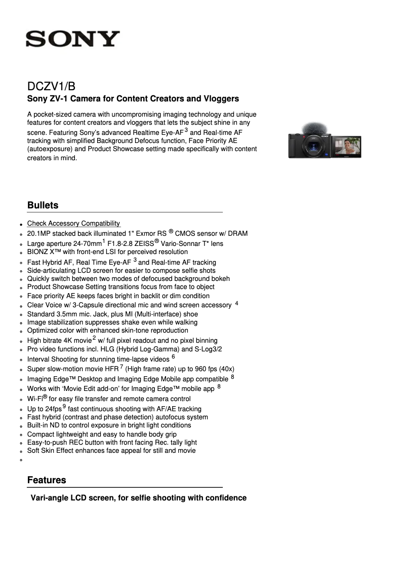 Page 1 de la notice Fiche technique Sony ZV-1