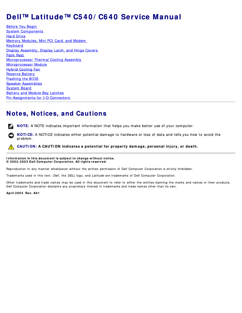 Page 1 de la notice Manuel utilisateur Dell Latitude C540