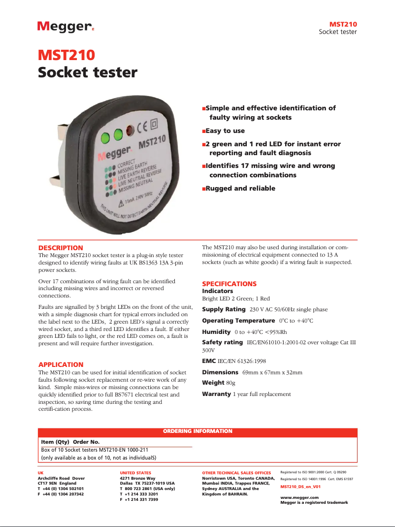 Page 1 de la notice Fiche technique Megger MST210