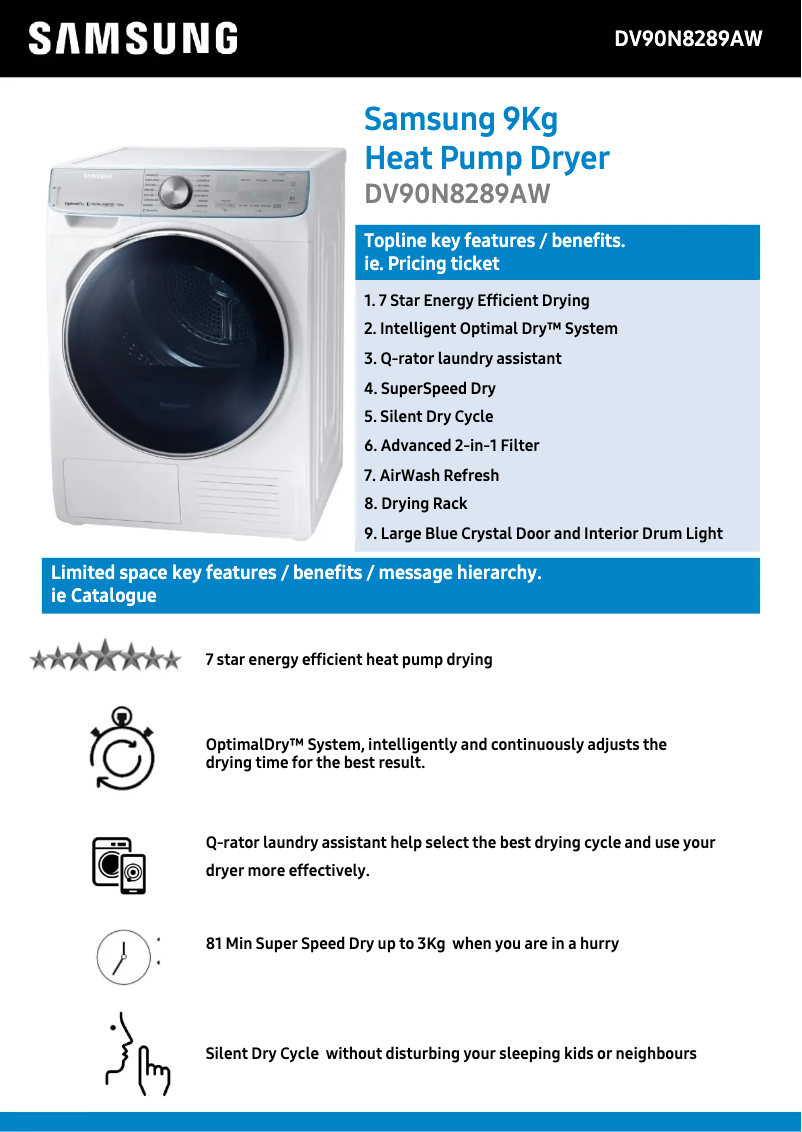 Page 1 de la notice Fiche technique Samsung DV90N8289AW