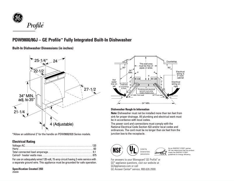 Page n°1 - Fiche technique GE Profile PDW9800JCC