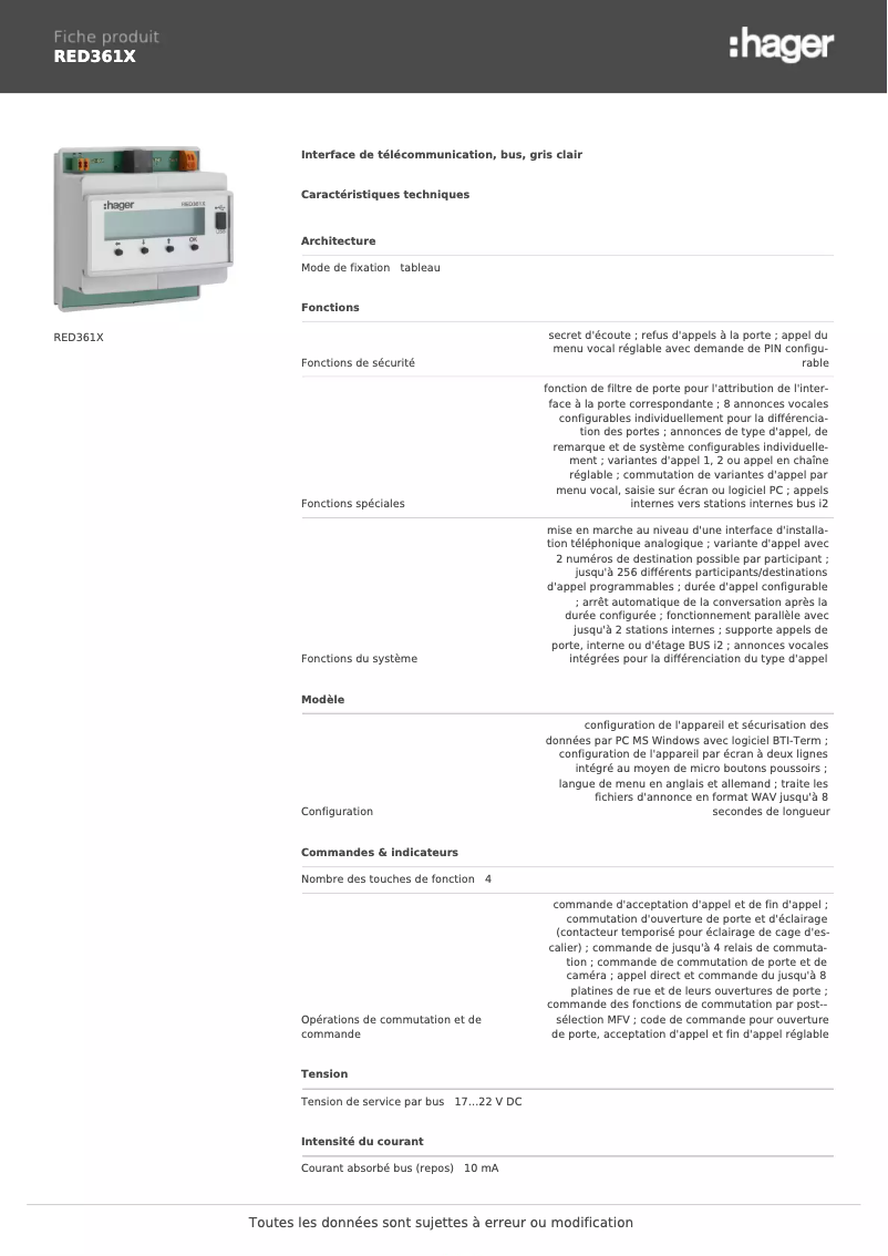 Page 1 de la notice Fiche technique Hager RED361X