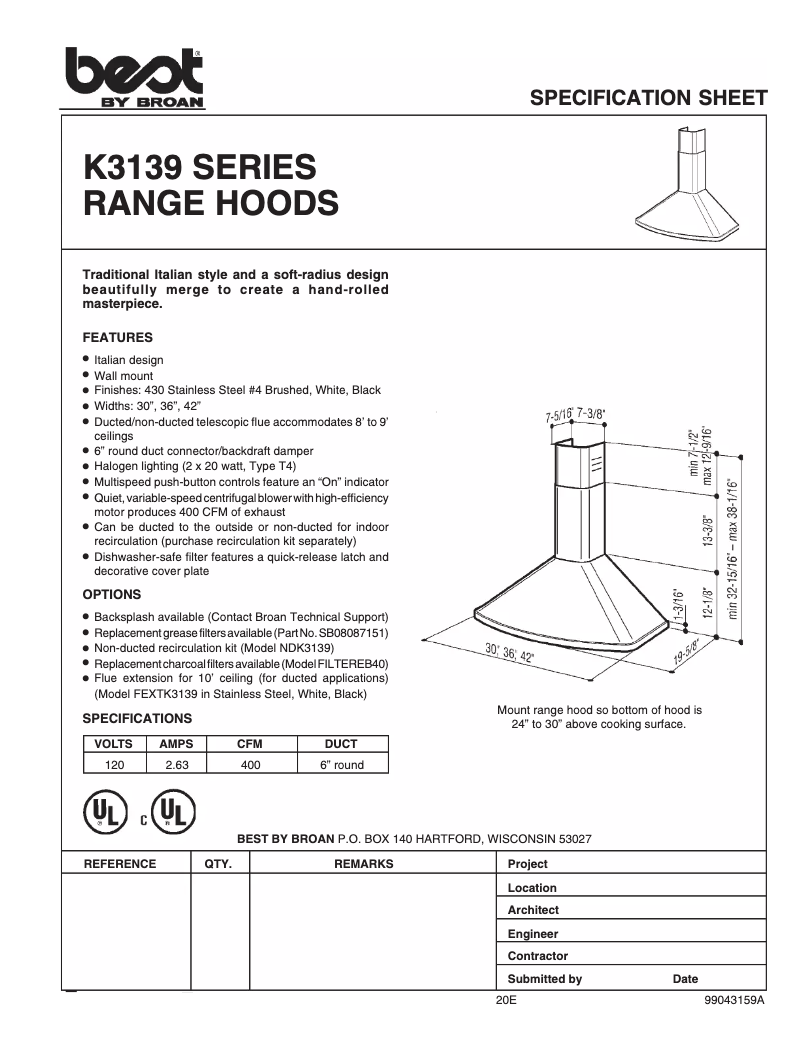 Page 1 de la notice Fiche technique Best K313930SS