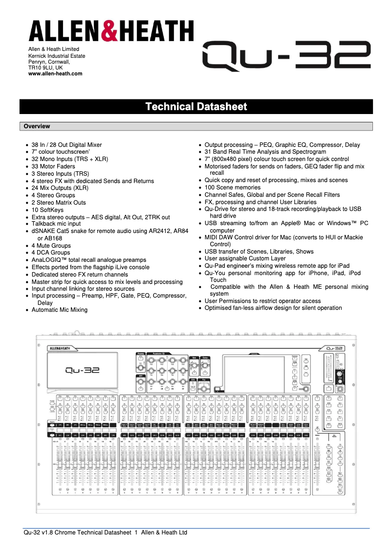 Page 1 de la notice Fiche technique Allen & Heath Qu-32