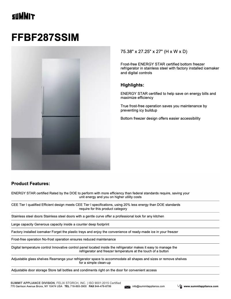 Page 1 of the manual Technical Sheet Summit FFBF287