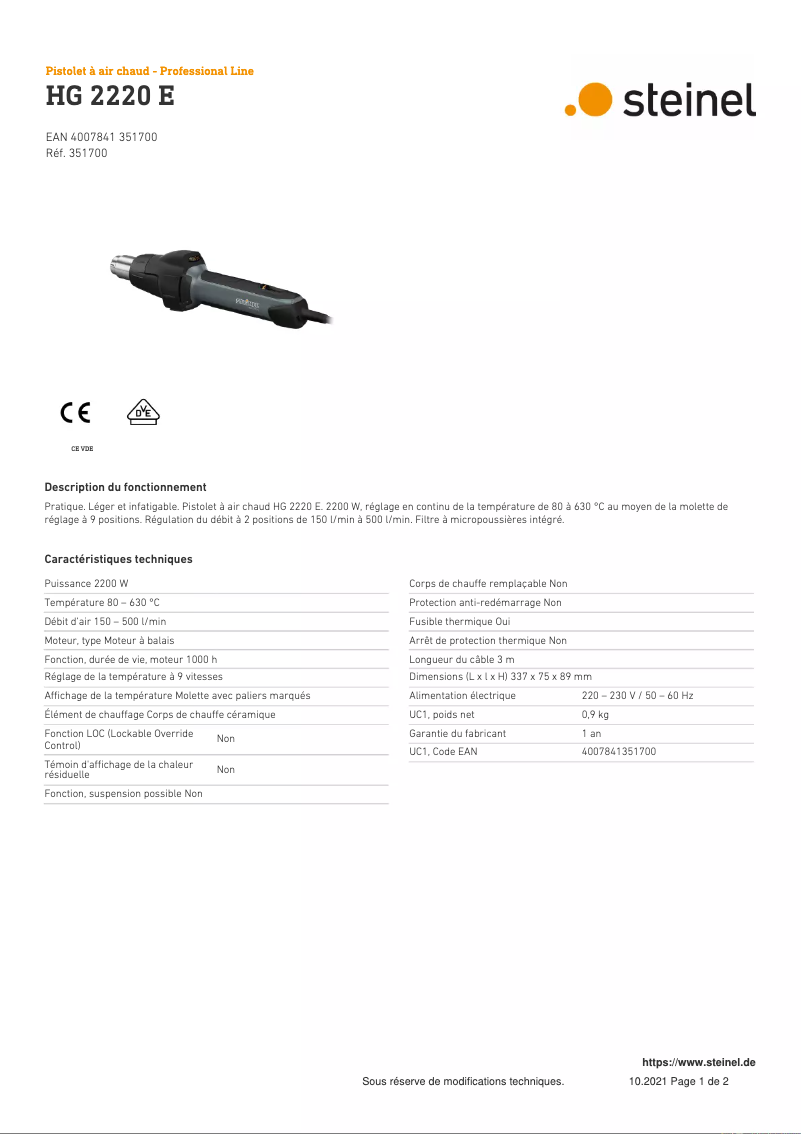 Page 1 de la notice Fiche technique Steinel HG 2220 E