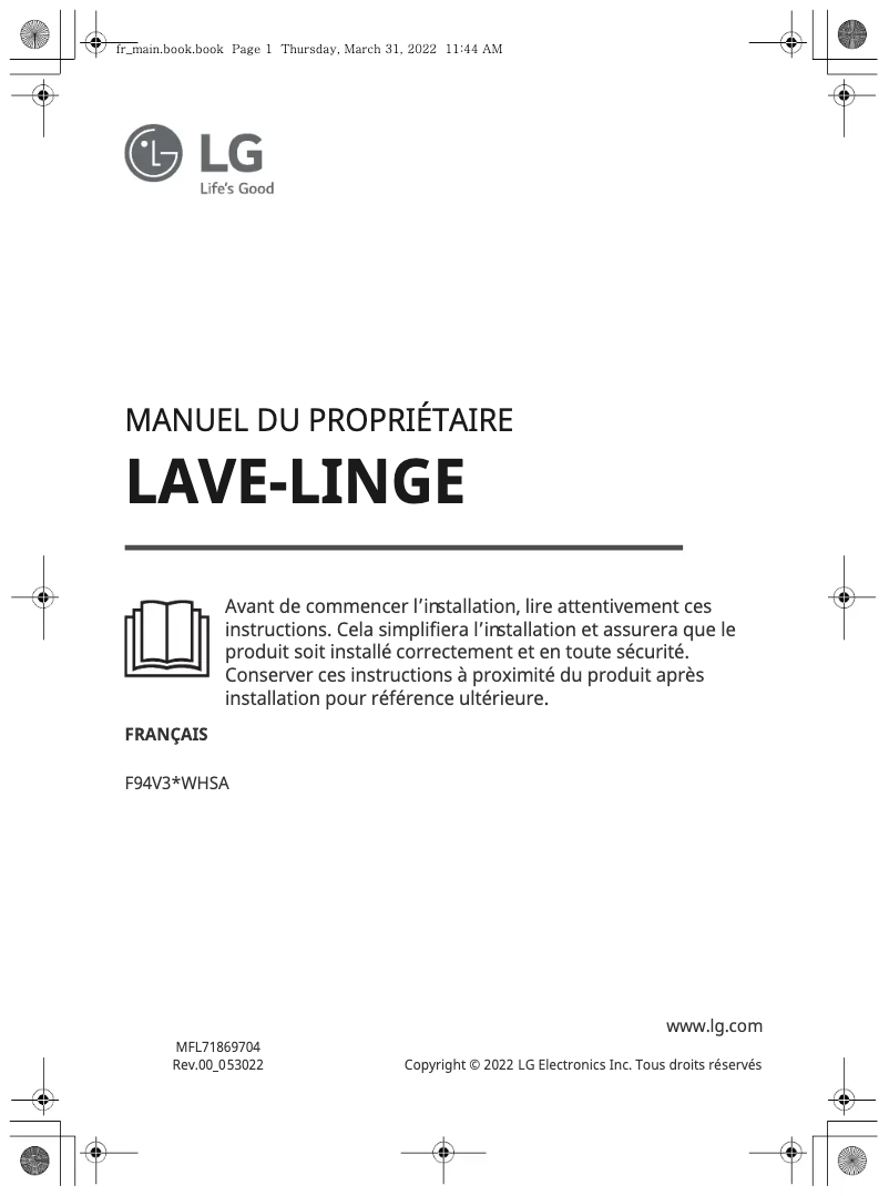 Page 1 de la notice Manuel utilisateur LG F94V30WHSA