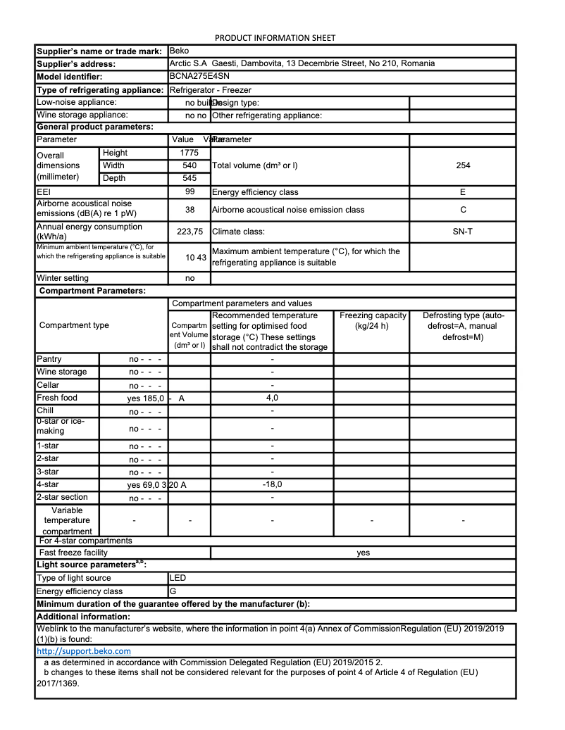 Page 1 de la notice Fiche technique Beko BCNA275E4SN