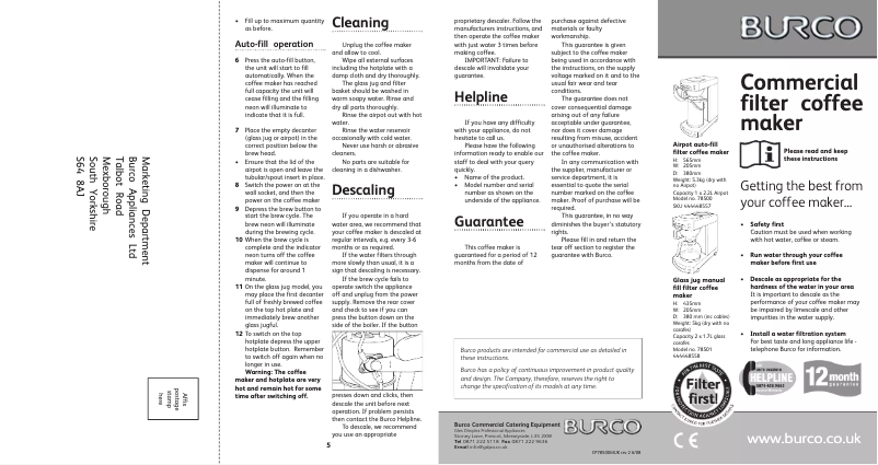 Page 1 de la notice Manuel utilisateur Burco CFFMFST