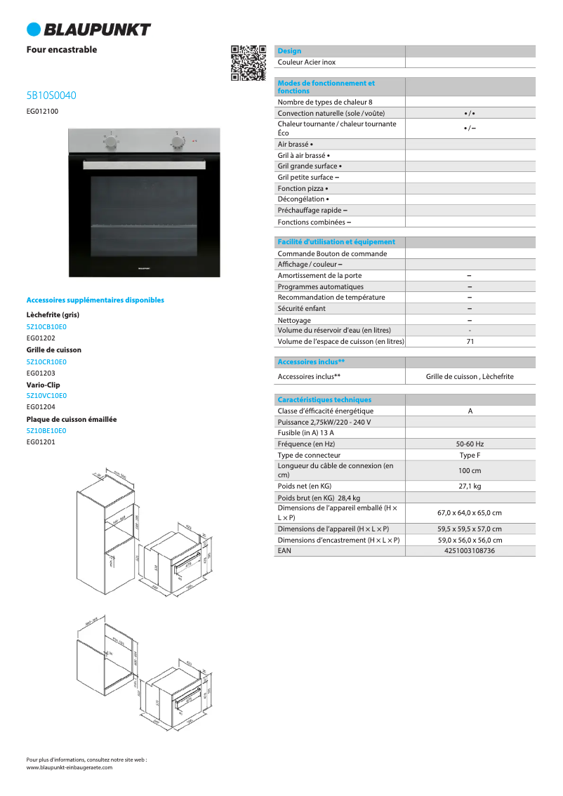 Page n°1 - Fiche technique Blaupunkt 5B10S0040