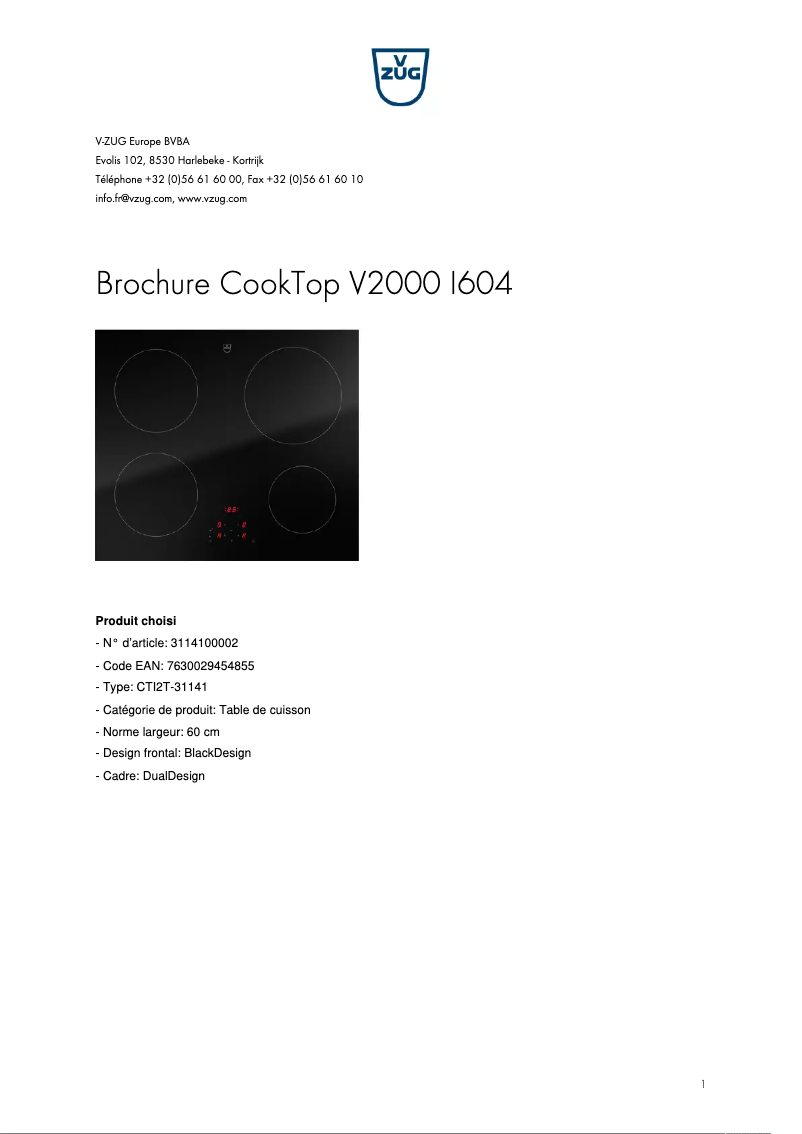 Page 1 de la notice Brochure V-Zug CookTop V2000 I604