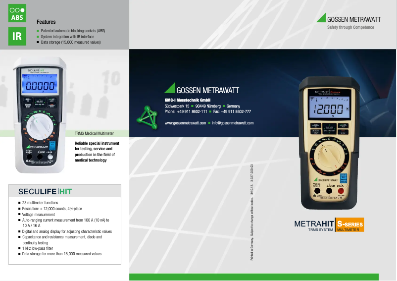 Page 1 de la notice Brochure Gossen Metrawatt Metrahit Outdoor