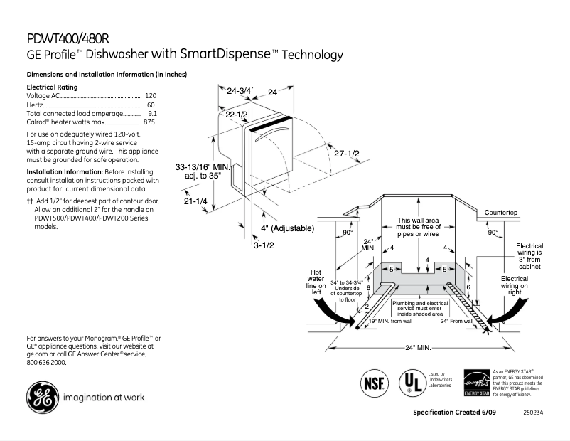 Page 1 de la notice Fiche technique GE Profile PDWT480RSS