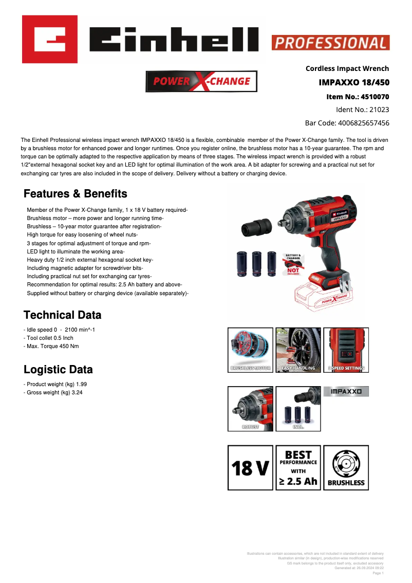 Page n°1 - Fiche technique Einhell IMPAXXO 18/450