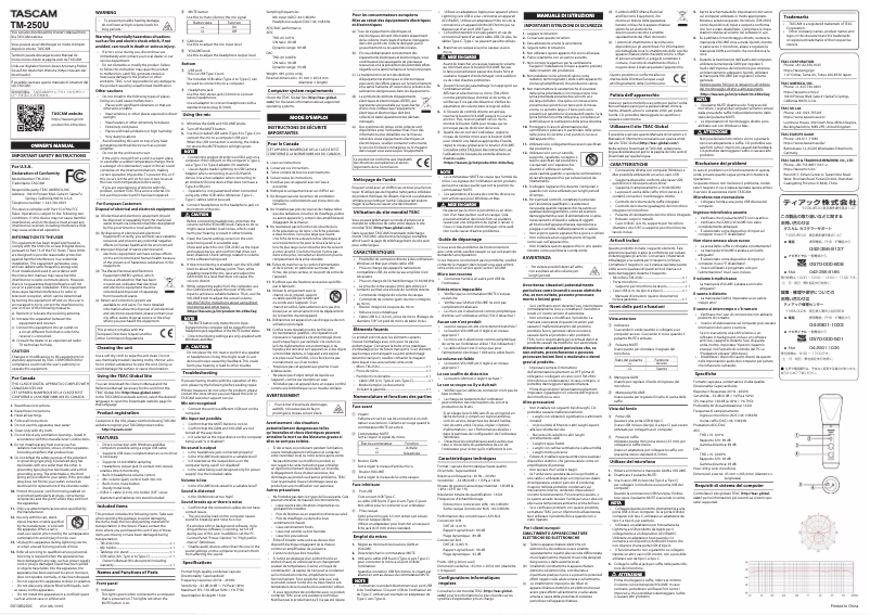 Page 1 de la notice Manuel utilisateur Tascam TM-250U