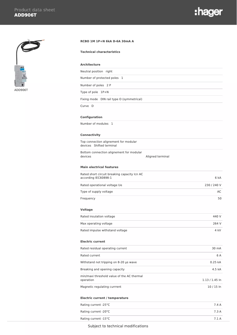 Page 1 de la notice Fiche technique Hager ADD906T