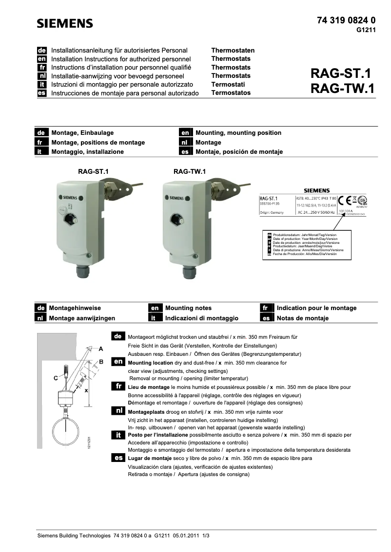 Page 1 de la notice Manuel utilisateur Siemens RAG-TW.1