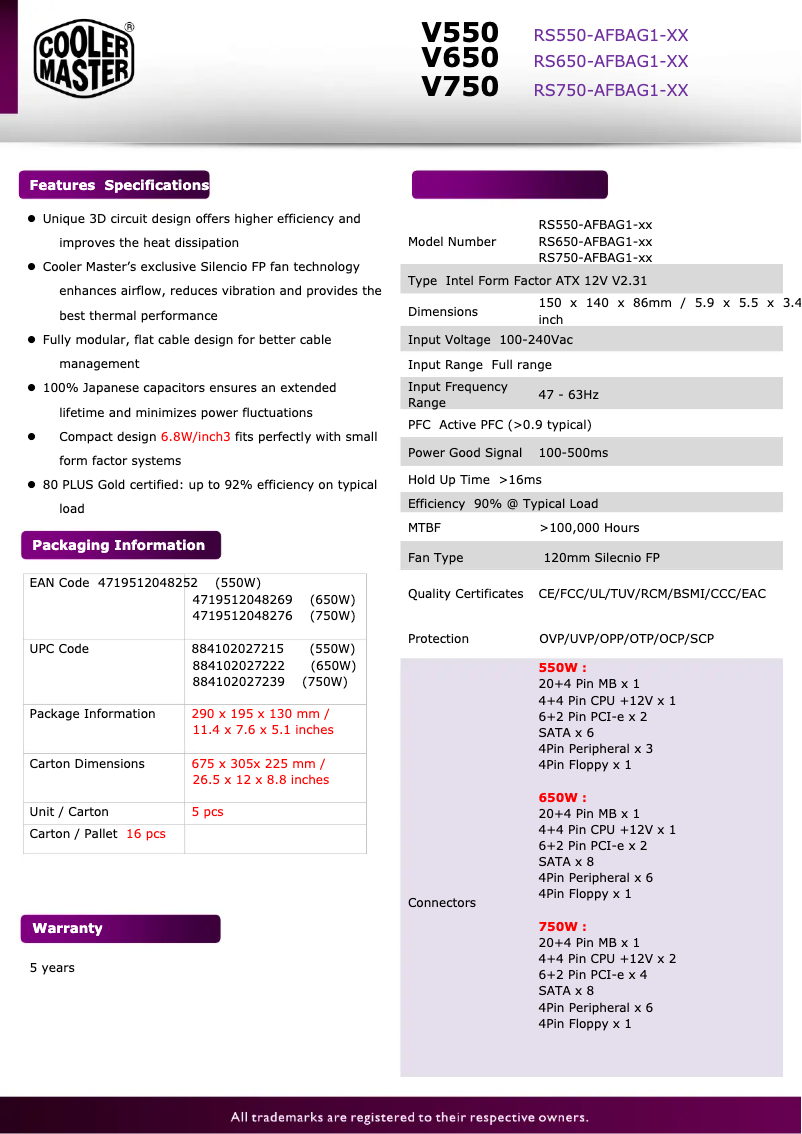Page n°1 - Fiche technique Cooler Master V550