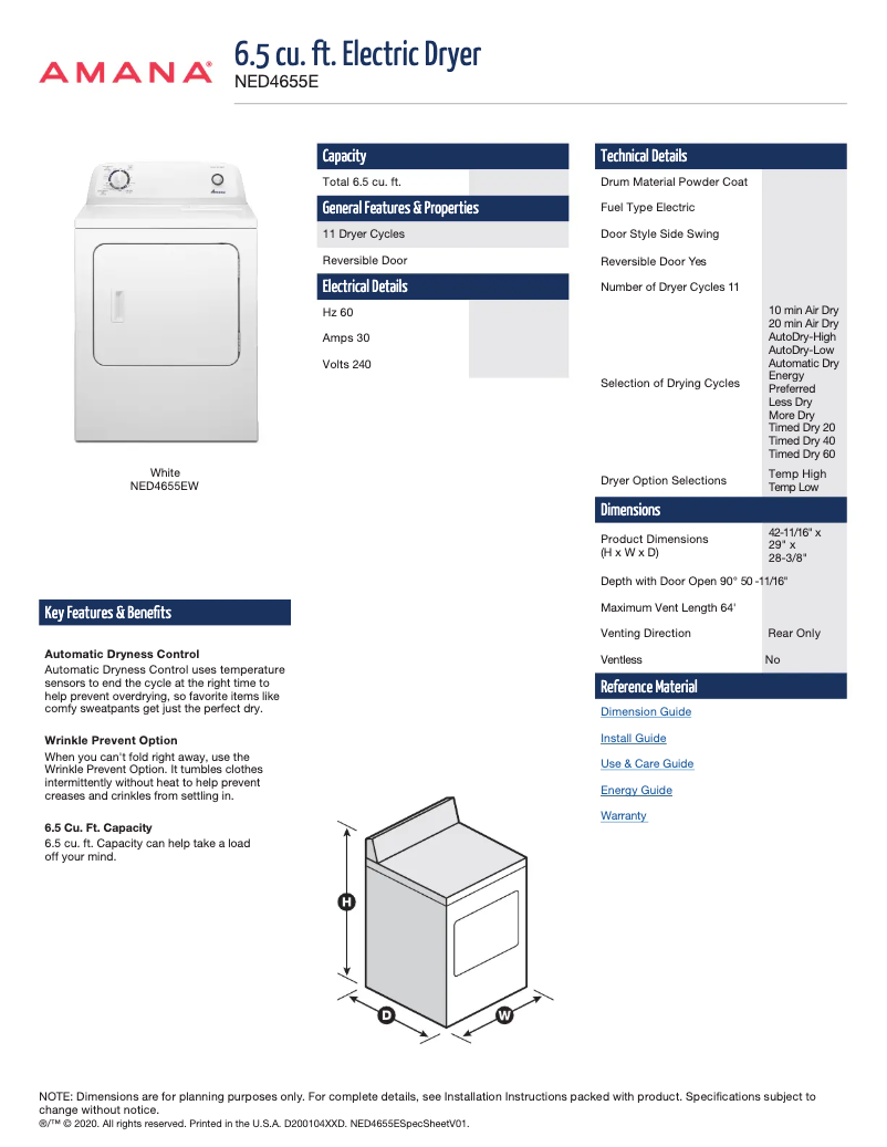 Page 1 de la notice Fiche technique Amana NED4655EW