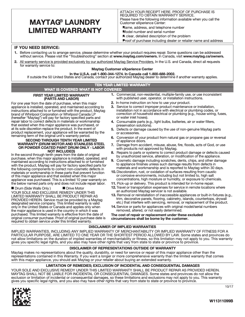 Page n°1 - Informations de garantie Maytag MGDP576KW