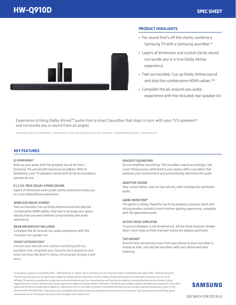 Page 1 de la notice Fiche technique Samsung HW-Q910D