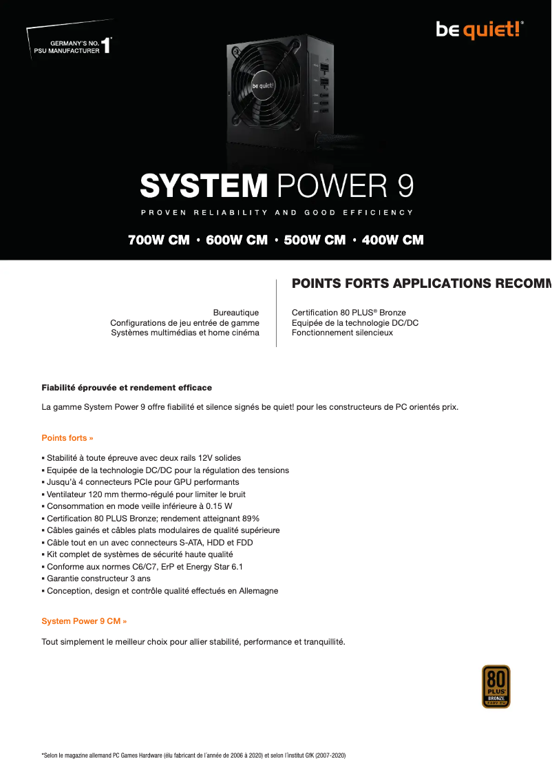 Page 1 de la notice Fiche technique Be Quiet! System Power 9 CM