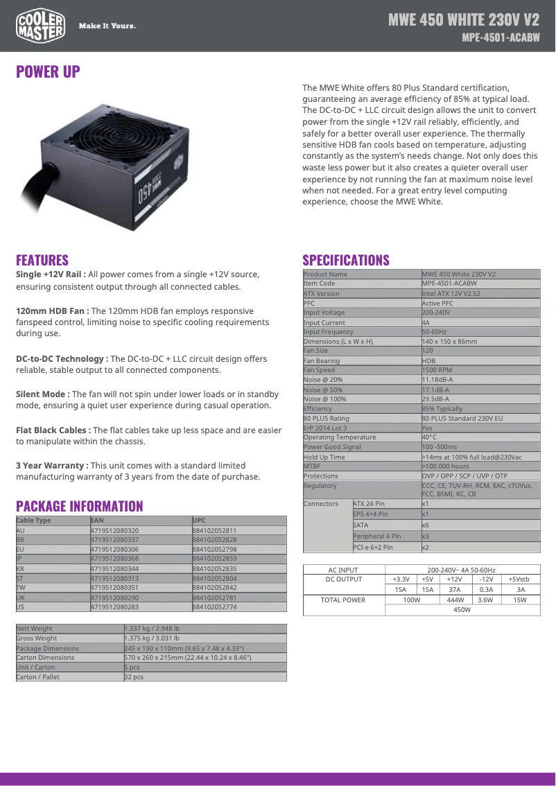 Page 1 de la notice Fiche technique Cooler Master MWE White 450