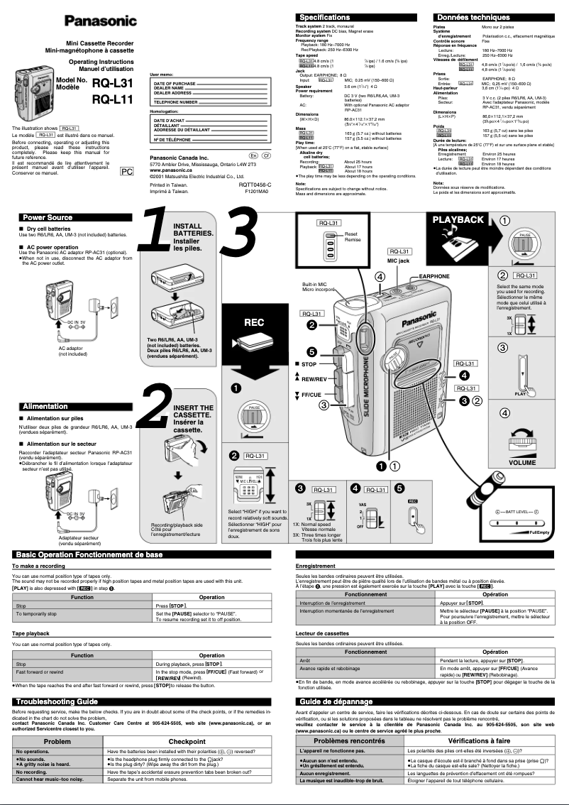 Page n°1 - Manuel utilisateur Panasonic RQ-L31