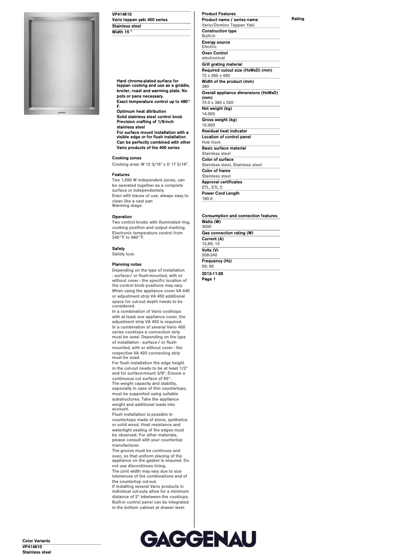 Page 1 de la notice Fiche technique Gaggenau VP414610