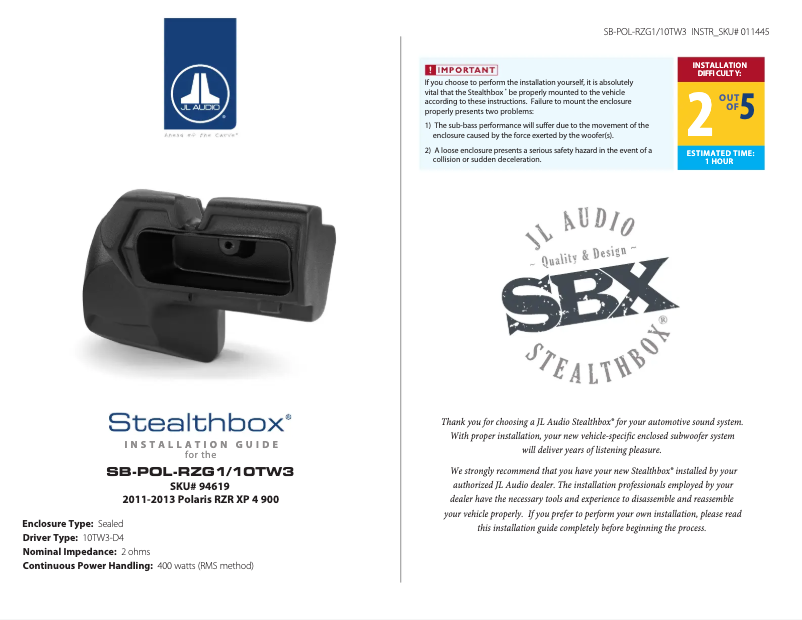 Page 1 de la notice Manuel utilisateur JL Audio Stealthbox SB-POL-RZG1/10TW3
