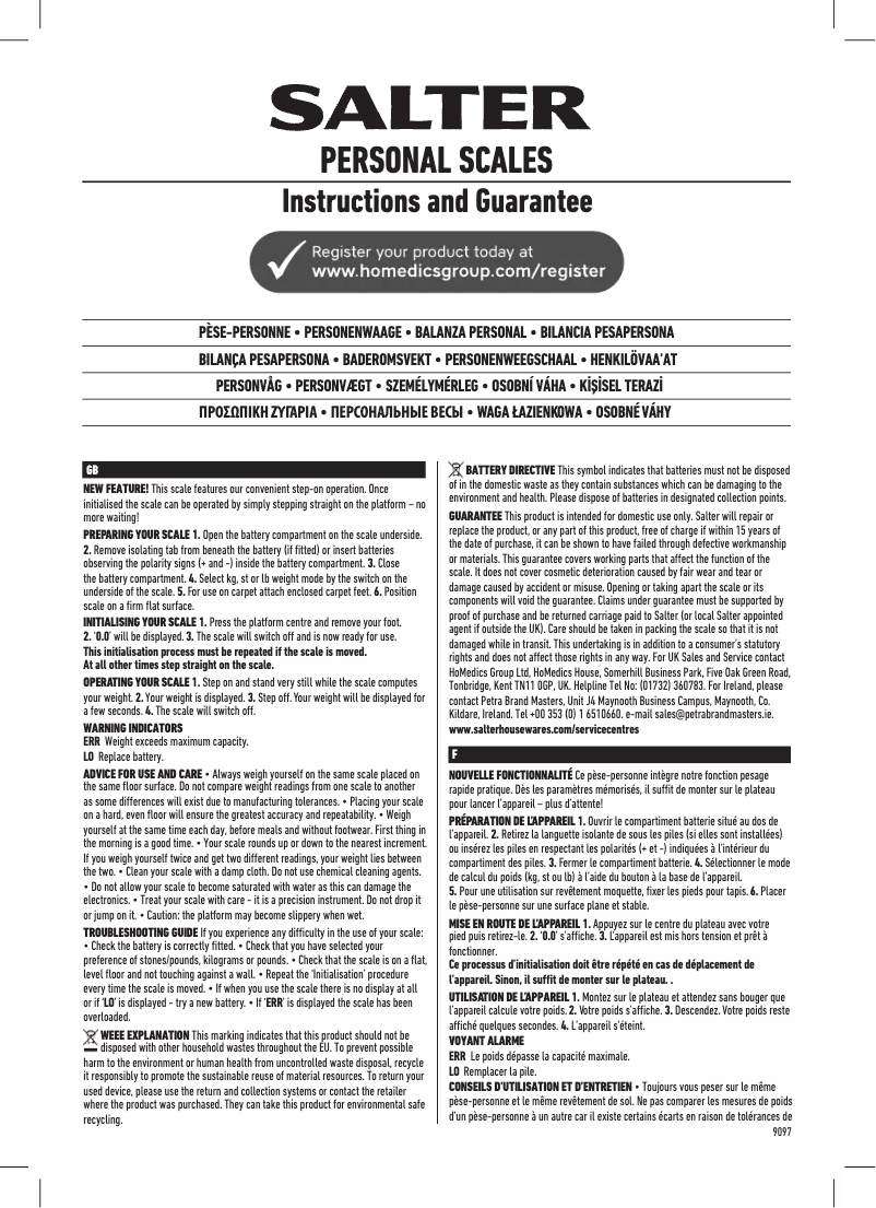 Page 1 de la notice Manuel utilisateur Salter 9209 GLKC3R