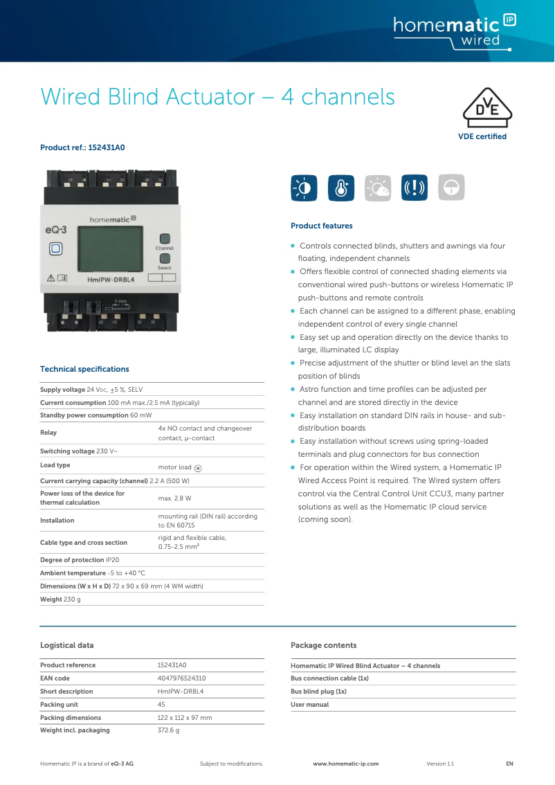 Page n°1 - Fiche technique Homematic IP HMIPW-DRBL4