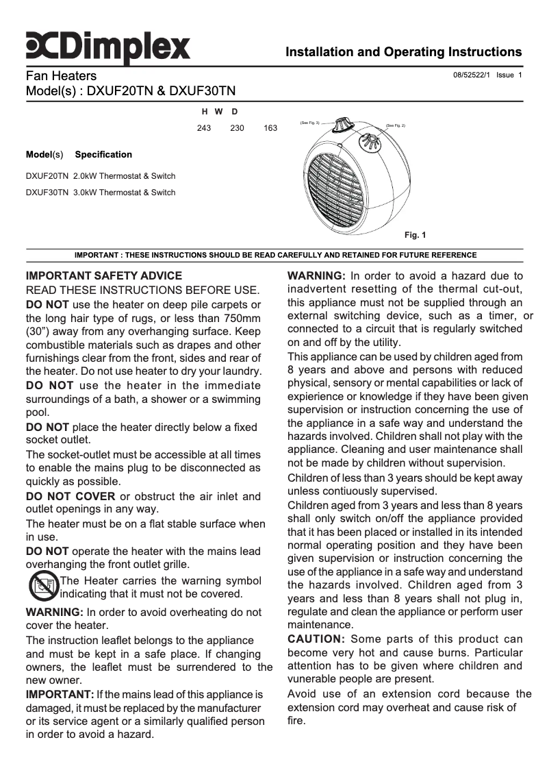 Page 1 de la notice Manuel utilisateur Dimplex DXUF30TN