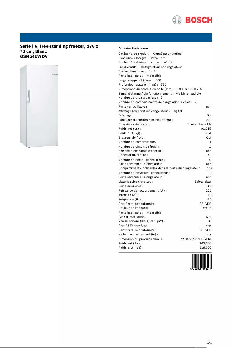 Page n°1 - Fiche technique Bosch GSN54EWDV