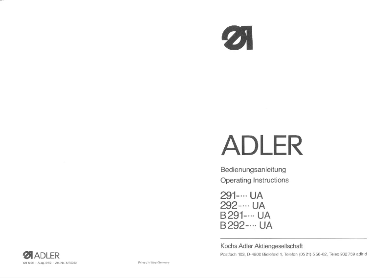 Page n°1 - Manuel utilisateur Dürkopp Adler B292